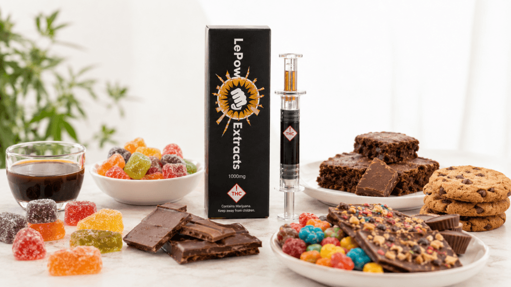 RSO/FECO Edibles with gummies, chocolate, and infused drinks