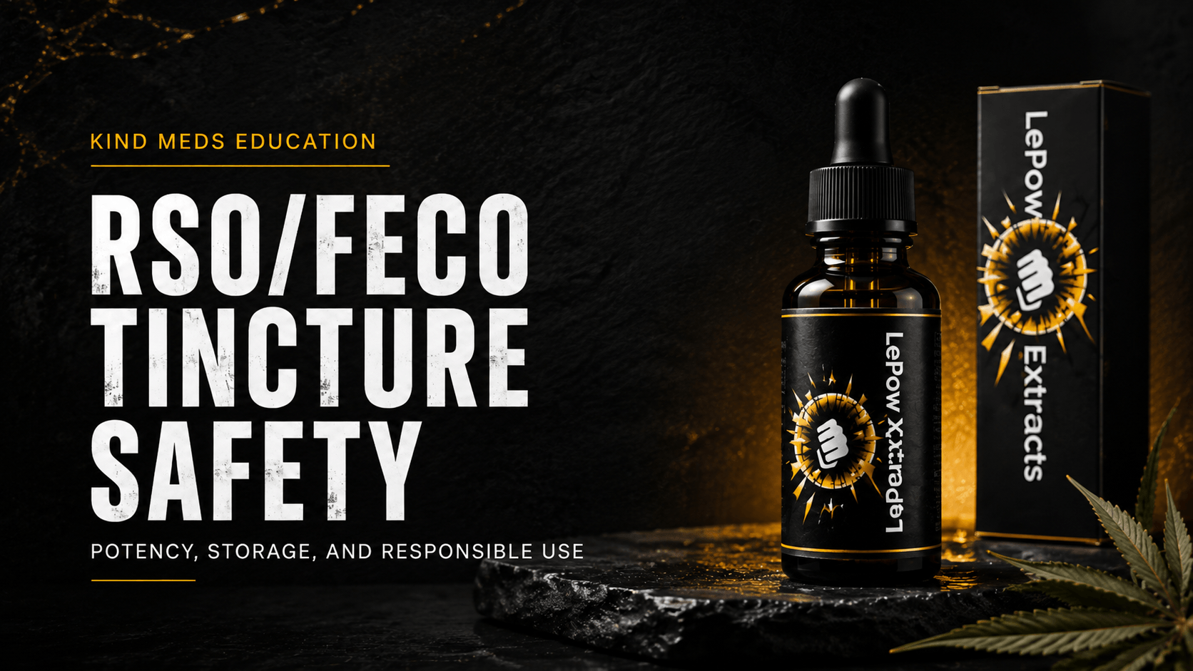 RSO/FECO tincture safety guide featuring LePow Extracts tincture bottle and packaging