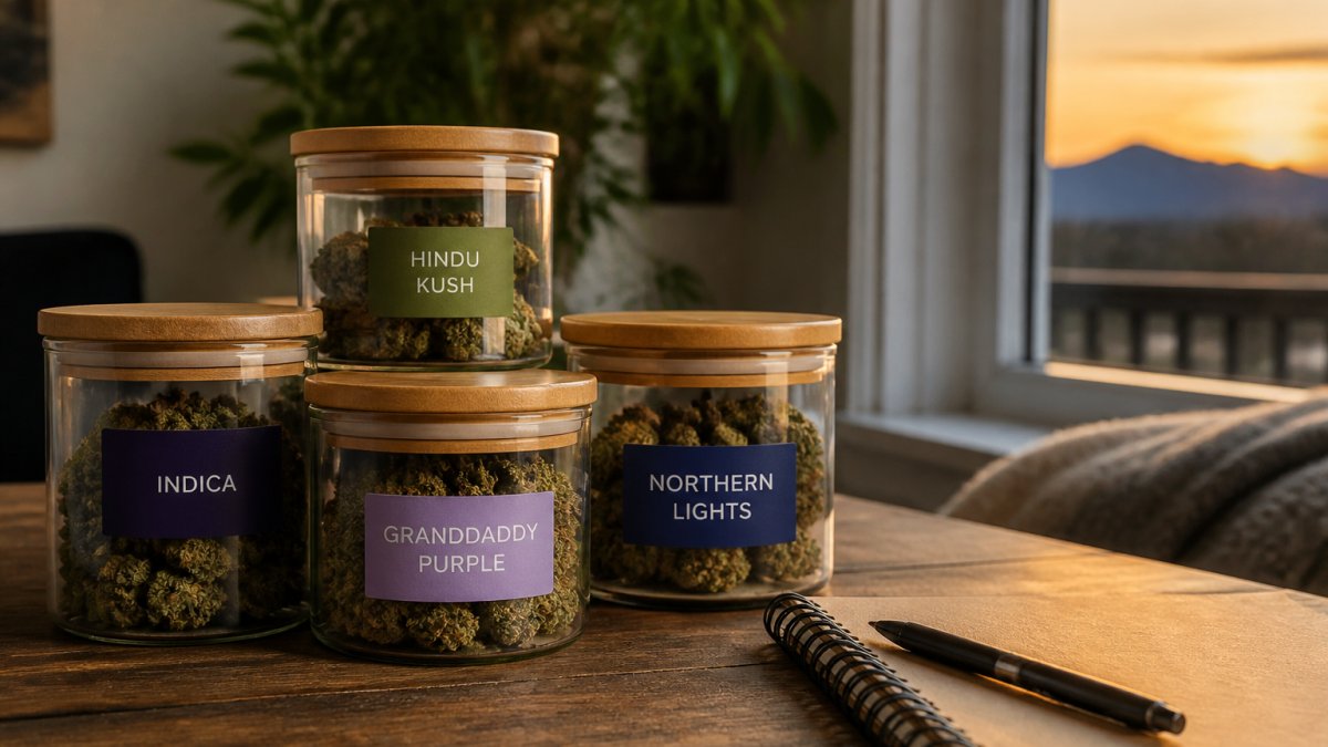 Close-up of several labeled cannabis flower jars on a wooden table next to a notebook and pen, with soft evening light coming through a window