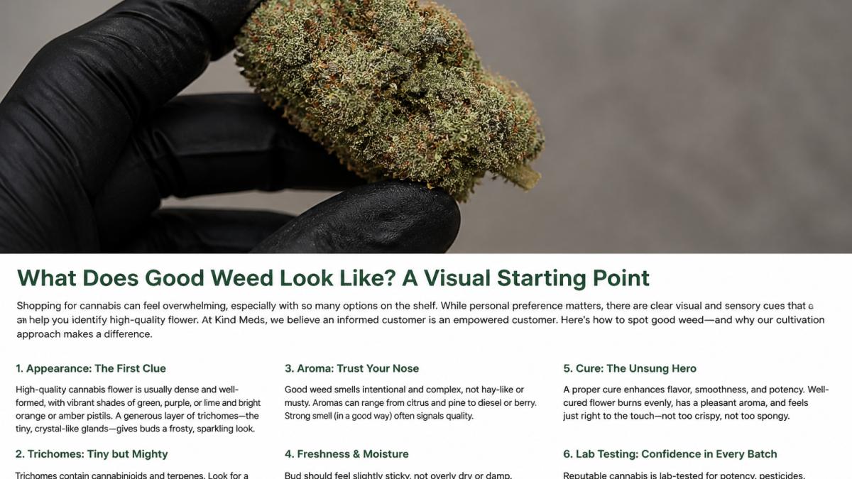 Diagram identifying the physical traits of a high quality flower, featuring a frosty cannabis bud close-up.