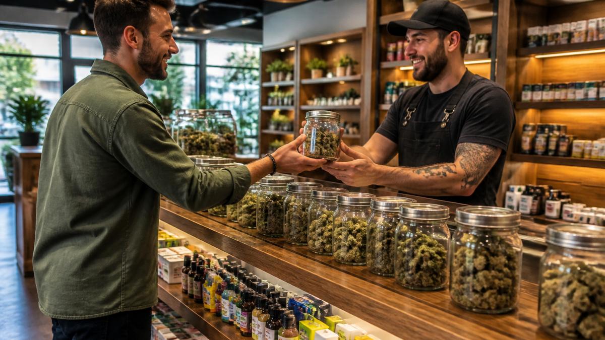 Budtender assisting a smiling customer in a bright recreational dispensary with jars of cannabis flower.