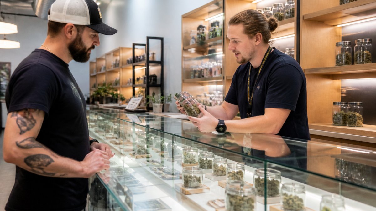 Budtender assisting a customer inside a modern, top-rated Colorado Springs dispensaries showroom.